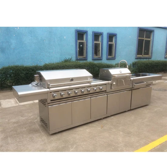 Cocina al aire libre de la isla del Bbq del nuevo del diseño del tenedor de la parrilla del carbón de leña de la cachimba del gas con el gabinete del fregadero